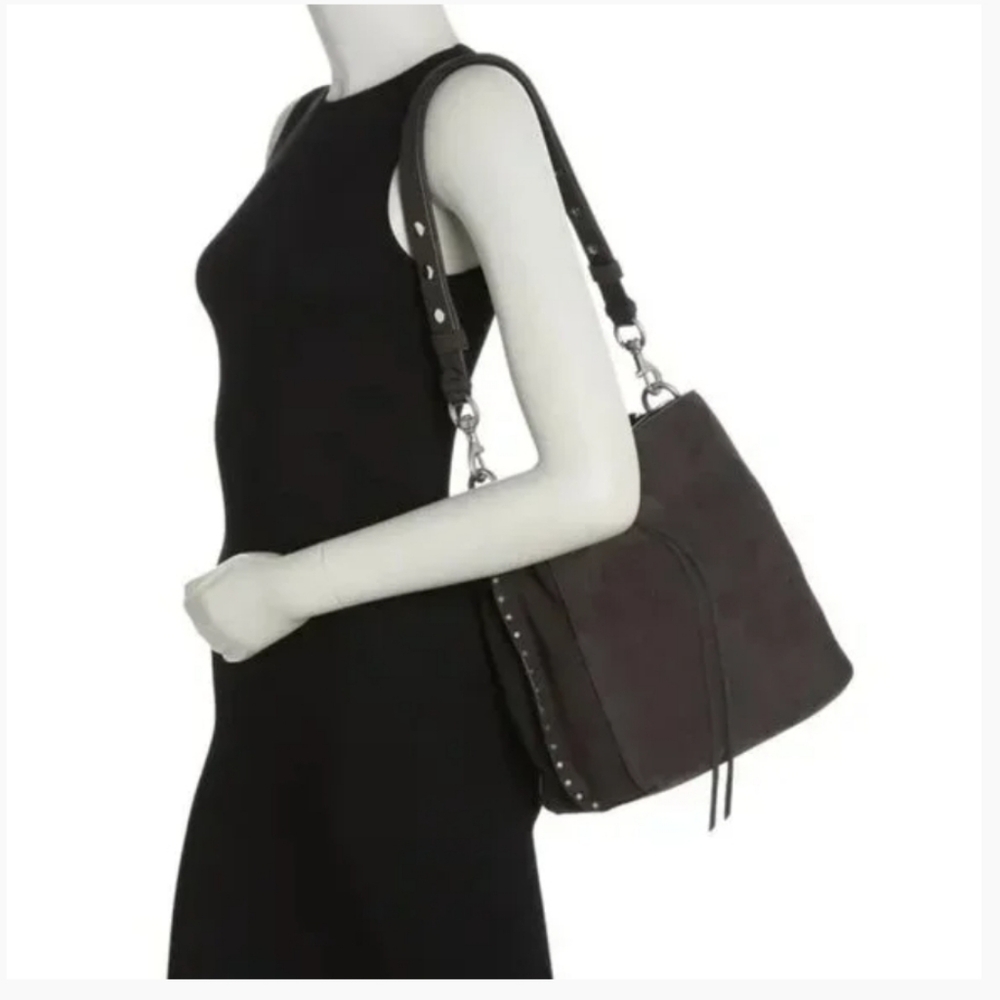 Rebecca Minkoff Darren Suede Shoulder Bag Washed BLACK Palladium Silver